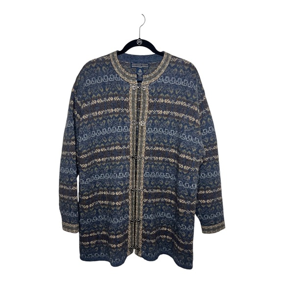 Vintage Fair Isle Sweater Silver Hardware Clasps 100% Wool 1X - Picture 1 of 5